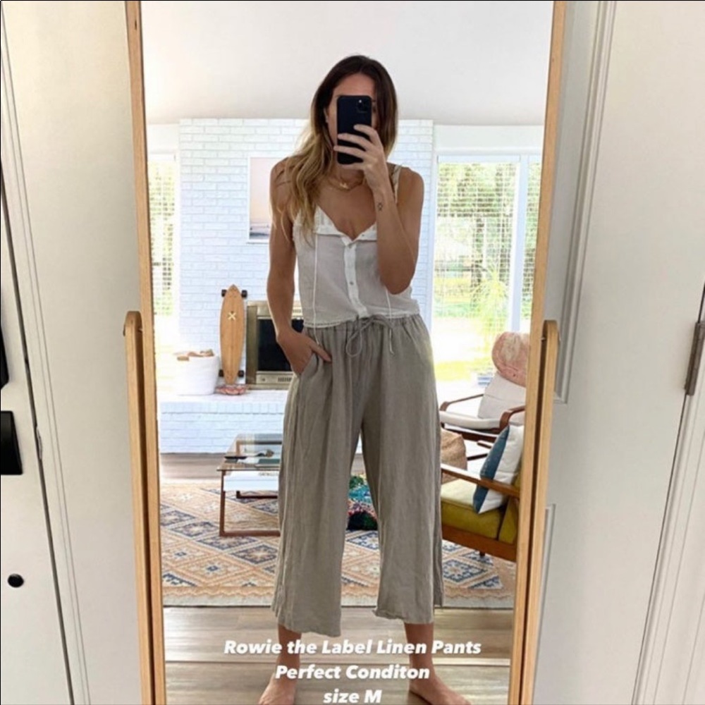Rowie the label Grey beige linen drawstring wide leg pants